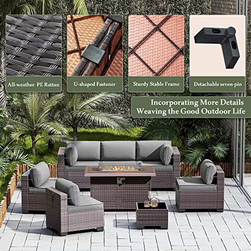 Image of 13 Pieces Outdoor Patio Furniture Set,Outdoor Sectional Furniture with 43 inch 55000 BTU Gas Propane Fire Pit Table,PE Rattan Wicker Patio Conversation Set with 10 Thickened Cushions,Grey