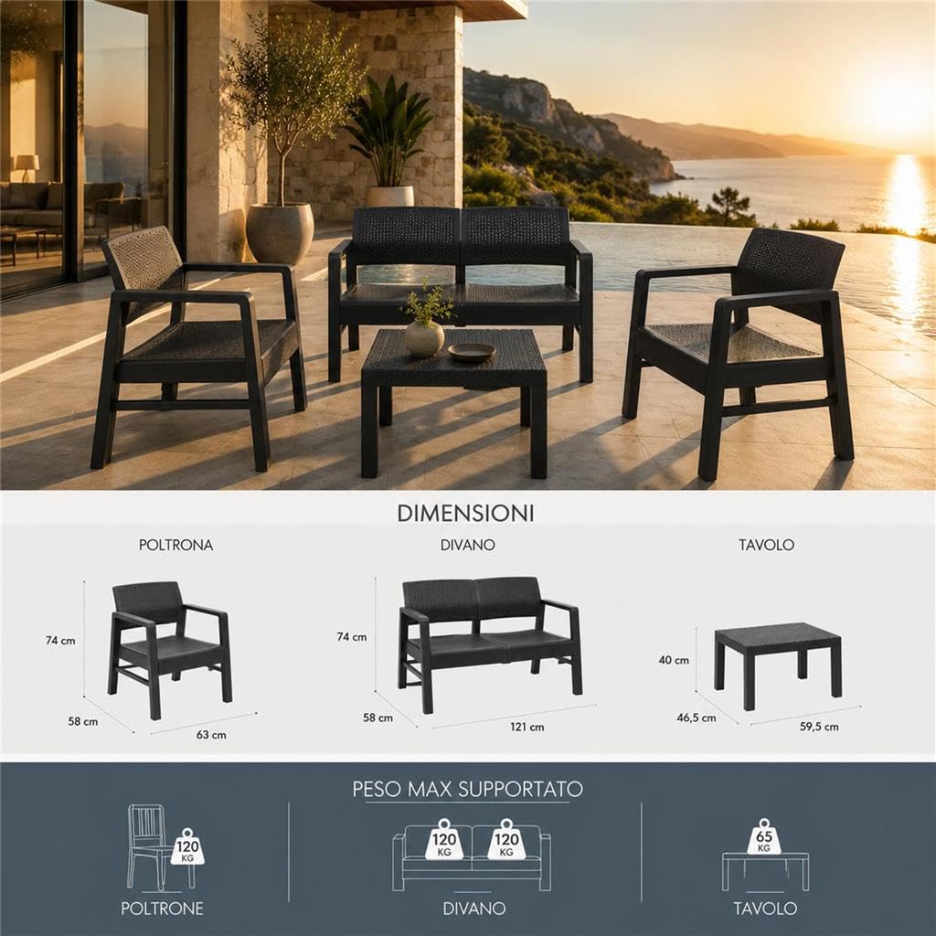 Maury's Set da Giardino Venice Perfetto per Interni ed Esterni, Design Moderno In Colore antracite, Eleganza per il tuo Spazio Outdoor, Con Tavolo, Divano e Due Poltrone (Set Venice)
