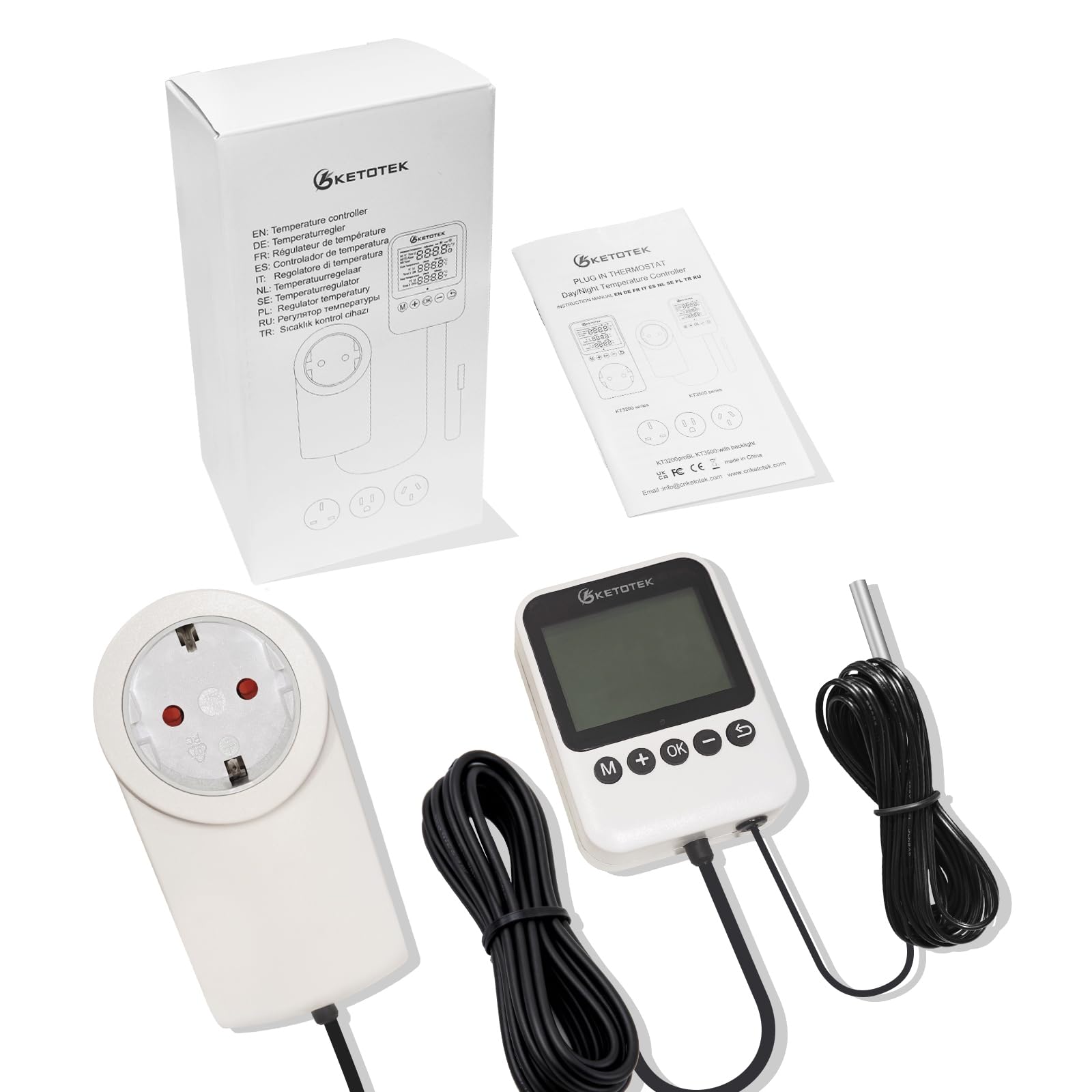 KETOTEK Enchufe con Termostato y Temporizador, Día y Noche Controlador de Temperatura Digital 220V para Terrario Reptiles e Incubadora, Sonda de 3m, Función de Calefacción y Enfriamiento