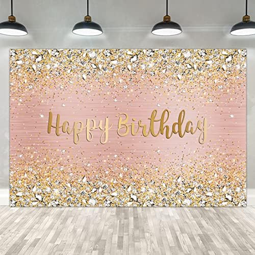 Happy Birthday Backdrop Diamonds Shining Bokeh Pink and Gold Dot Glitter Sparkle Photography Background for Women Girls Lady Sweet Spots Party Decorations Supplies Banner Photo Props Vinyl 7x5ft