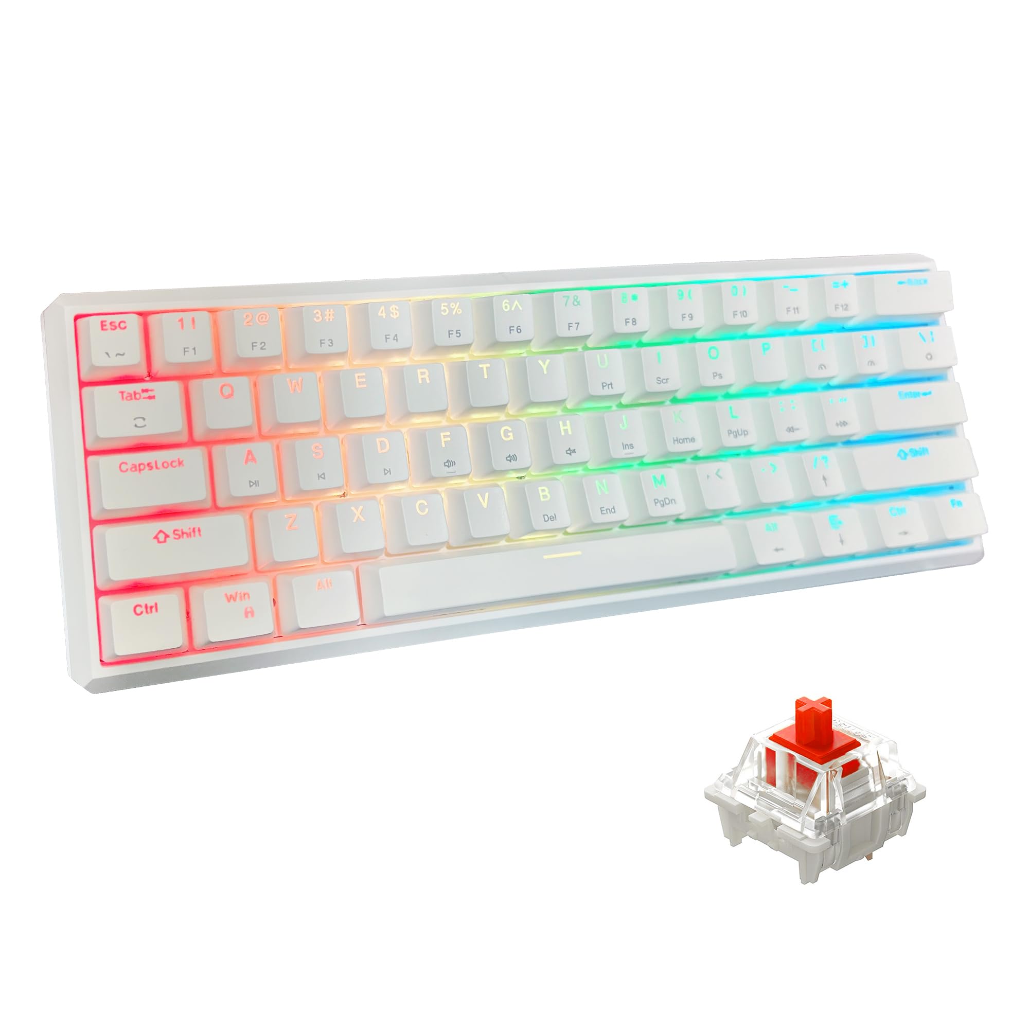 Snpurdiri 60% Wired Mechanical Gaming Keyboard, RGB Backlit 61 Keys Small Gaming Keyboard (White, Red Switches)