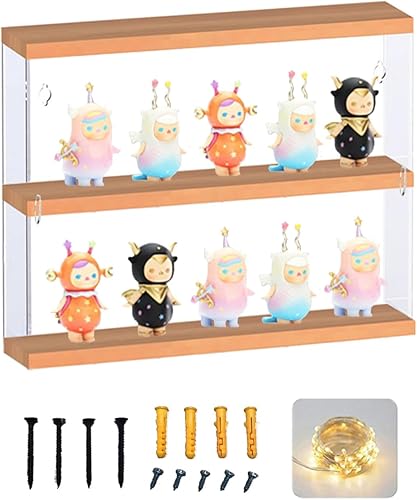 Soporte de exhibición acrílico para figuras de acción con base de madera caja de almacenamiento de 2 niveles soporte de pared a prueba de polvo