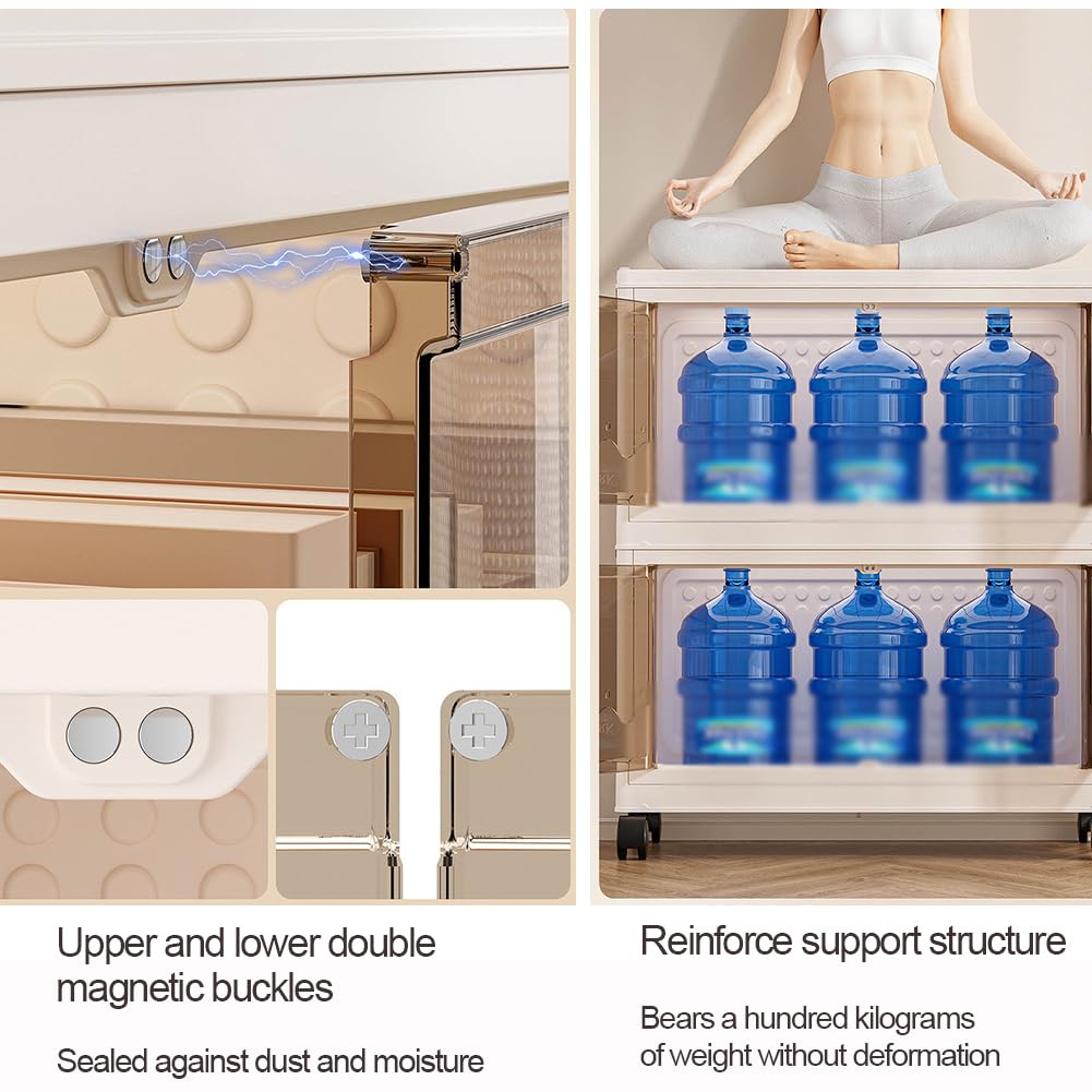 Caja Plastico Almacenaje, Cajas de Plastico con Tapa y Ruedas, Caja Organizadora Plegable Transparente, Cajas de Almacenamiento Apilables, para Ropa Juguetes Camping