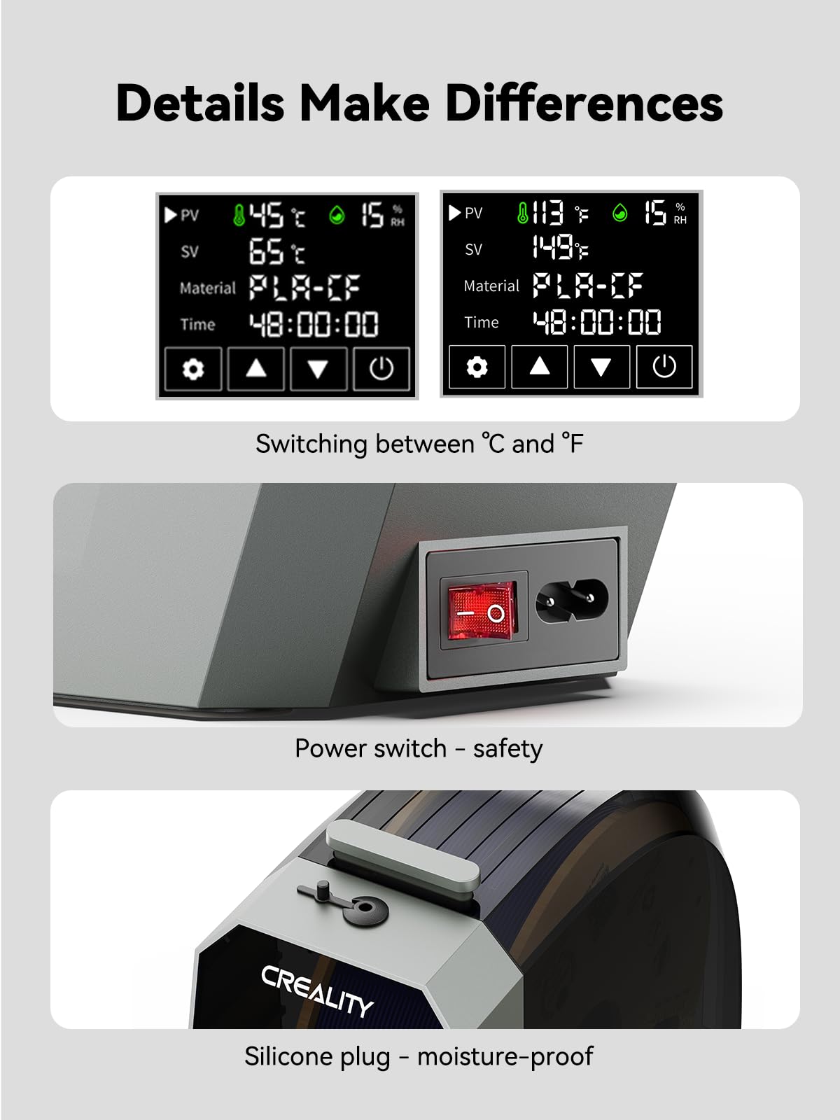 Creality Space PI filament Suszarka Oficjalna, skrzynka do suszenia 3D drukarza z wentylatorem, 360° grzanie dehydrator, do 1,75/2,85mm PLA PETG ABS TPU Nylon (1kg)