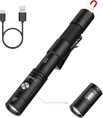 S22 1200 Lumens EDC Tactical Flashlight, Rechargeable 2AA Pen Light with COB Side Light & 365nm UV, 11 Modes, Magnetic Tail, Dual Switch for Camping,Home, Emergency