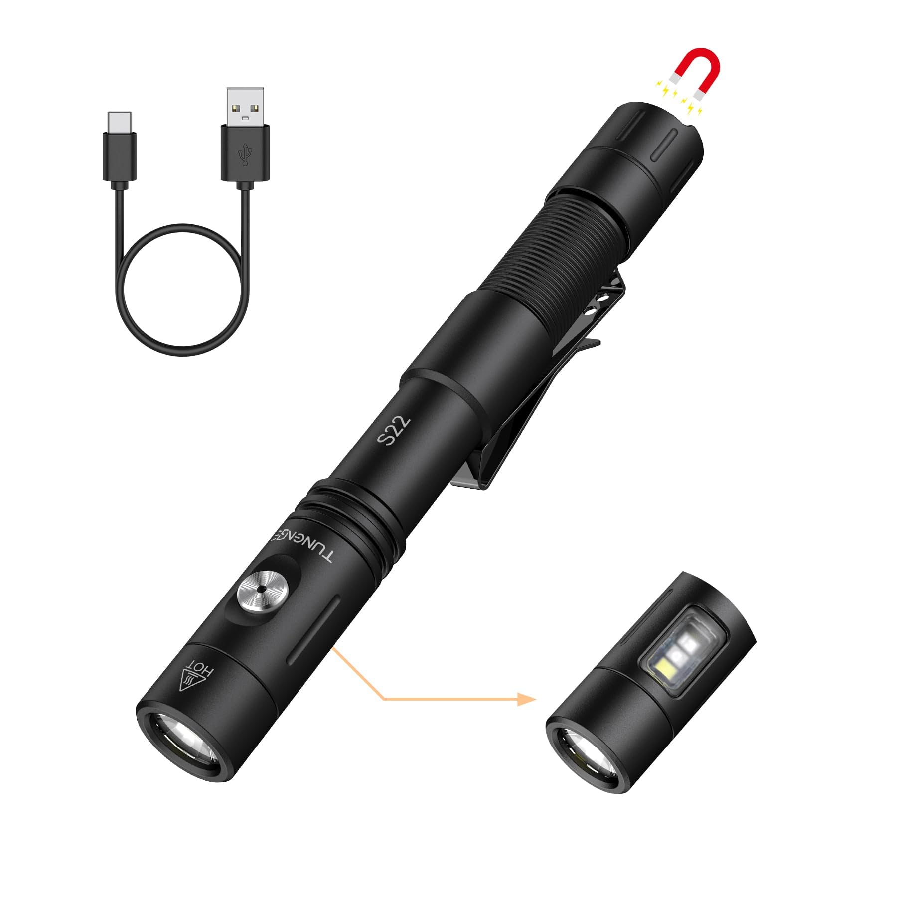 TUNENGE S22 2AA Tactical EDC Dual Mode Flashlight, 1200 Lumen Rechargeable, 4 Mode COB Light, 365nm UV