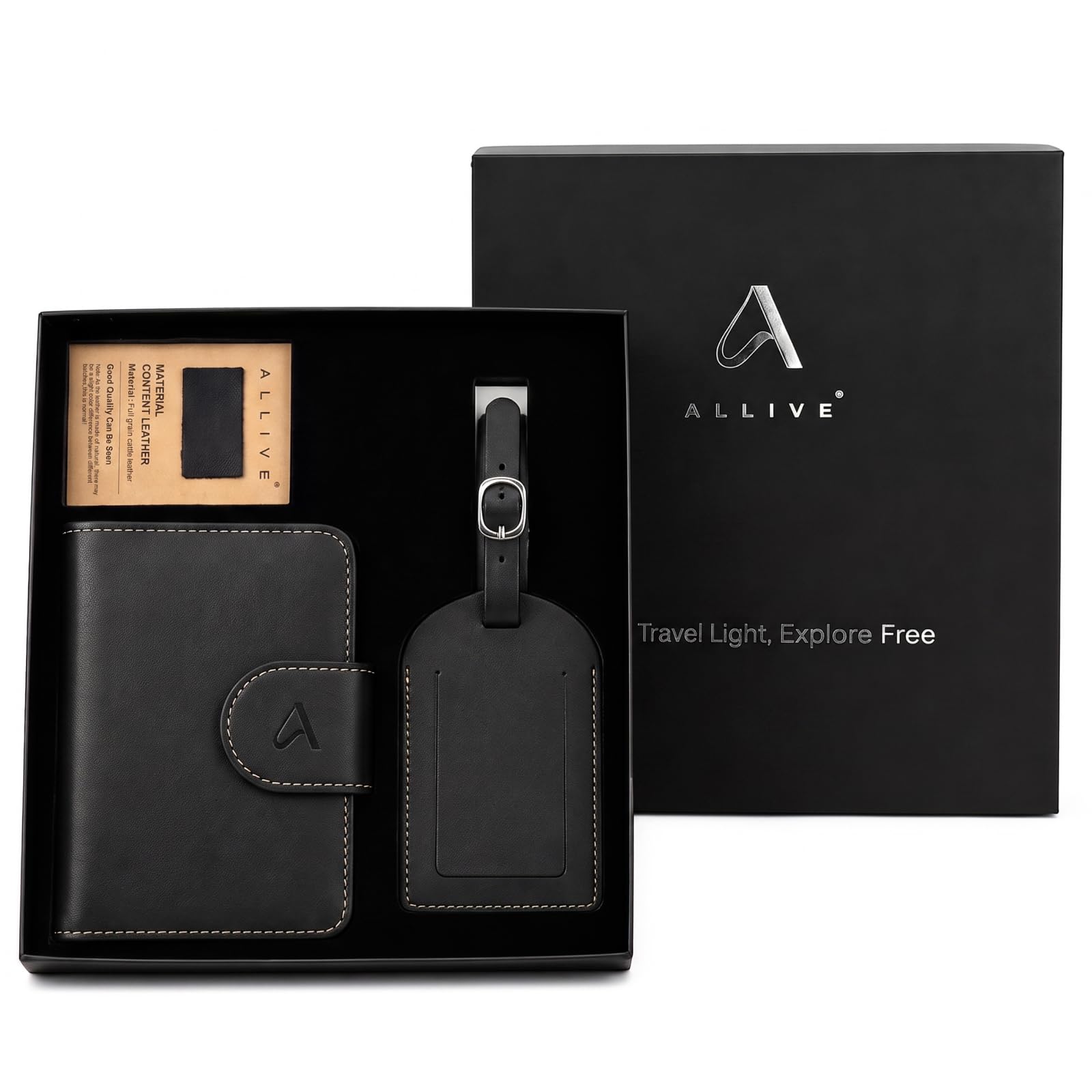 ALLIVE Passport Holder with Luggage Tag, Genuine Leather Passport Holder with AirTag Hidden Pocket, RFID Blocking Travel Wallet for Women &amp; Men, Premium Gift Box, Ready to Gift – Gift Set (Black)