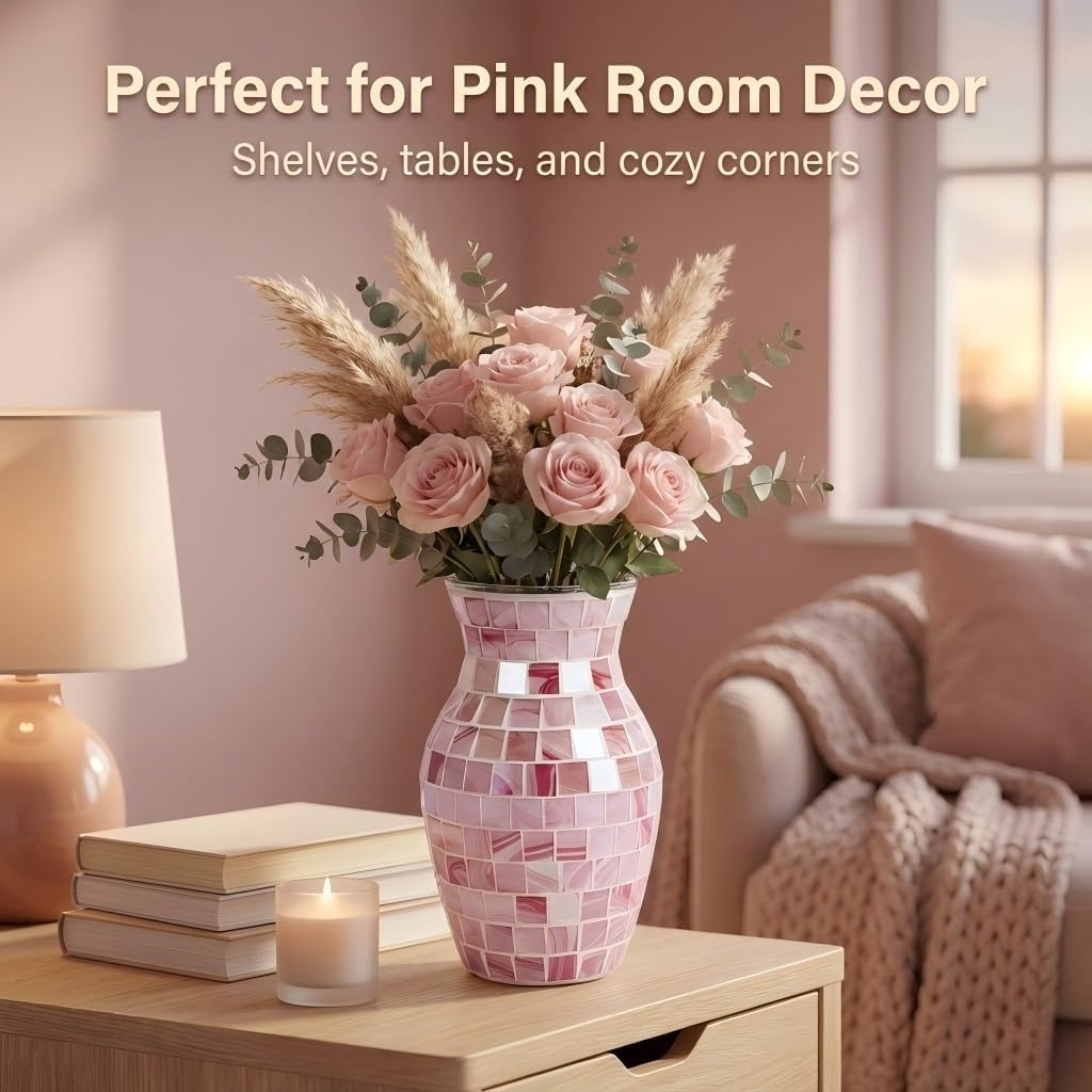 Pink Mosaic Glass Vase, 8 Inch Handmade Flower Vase for Home Decor, Modern Decorative Glass Vase for Table Centerpiece, Shelf, Bookshelf, Living Room, Dining Table, Wedding Decoration
