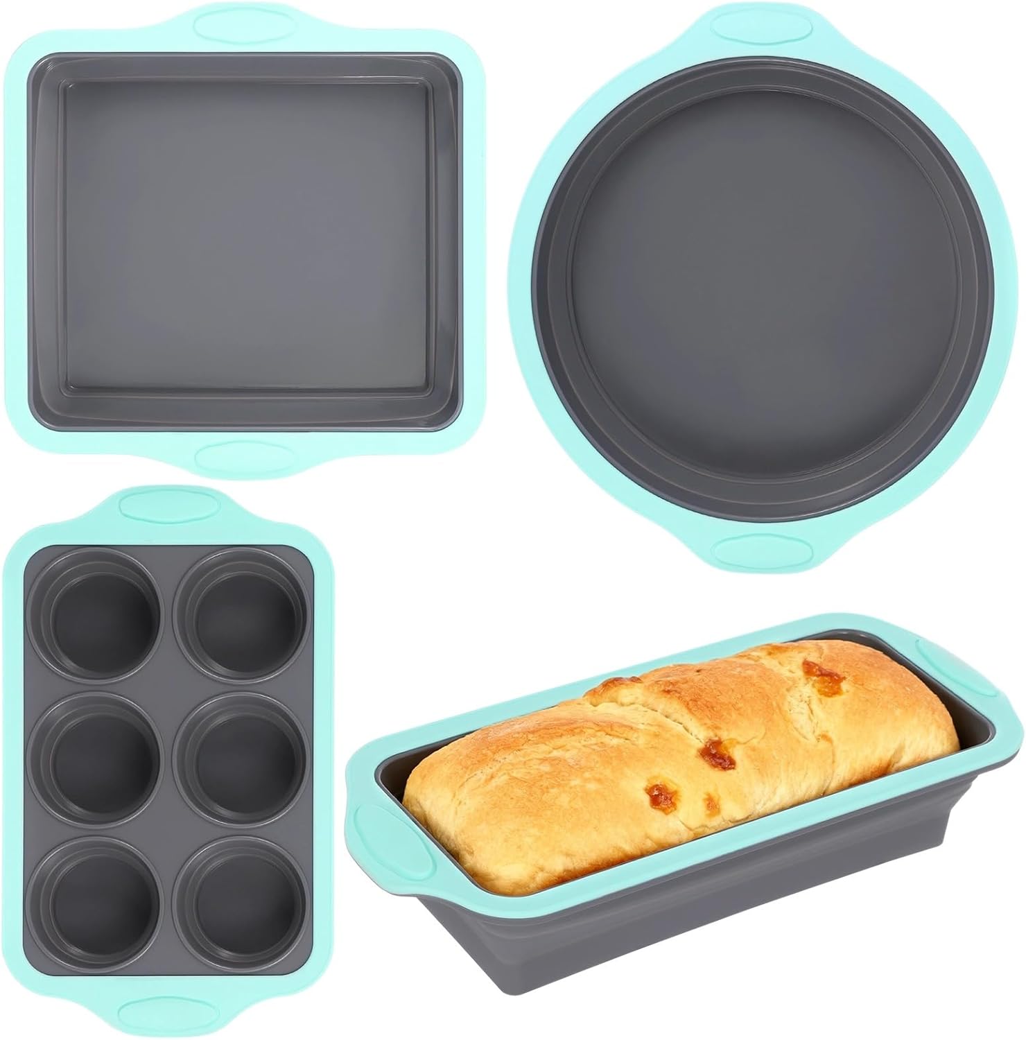 Bakeware Set, 4 Pcs, Non-Stick Silicone, Stackable, with Long Handles & Metal Frames, for Baking Muffin Loaf Round and Square Cakes