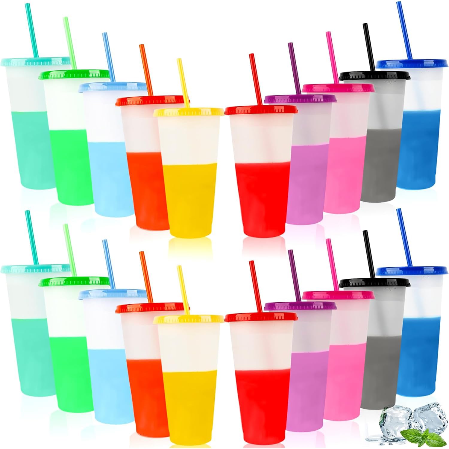 MCSWKEY Vasos de Plástico Reutilizables, Vasos Reutilizables de Plastico sin BPA,con Tapas y Popotes 710 ml, Vasos Magicos Cambia Color con Tapa y Popote para Fiesta, Oficina, Piscina (20)