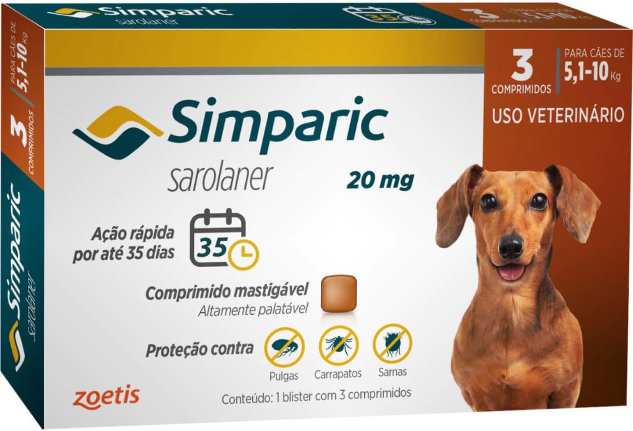 Antipulgas Simparic cães 5,1-10 kg – 3 comprimidos/validade 2022 – Zoetis