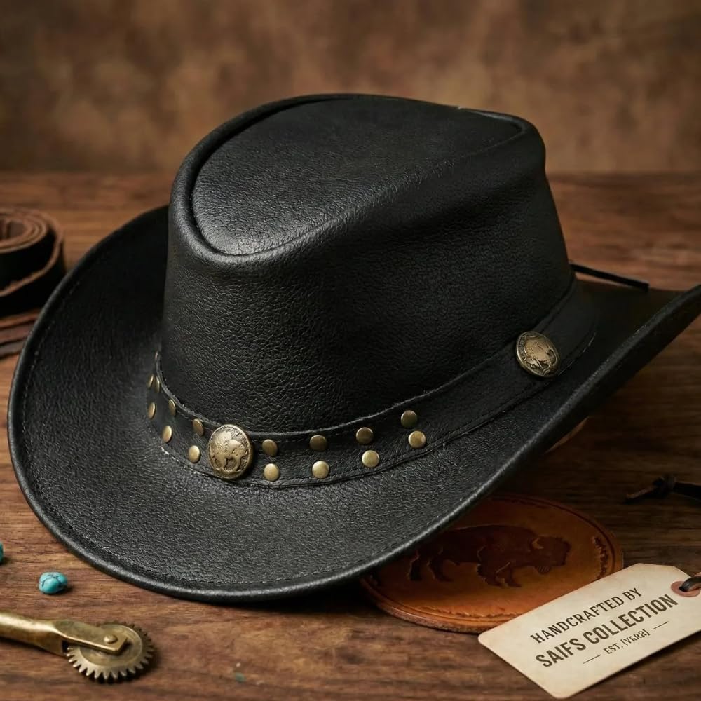 Handmade Genuine Leather Top Hat for Men – Steampunk Cowboy Western Hat, Vintage Gothic Festival Hat, Durable Biker Cosplay Costume Top Hat