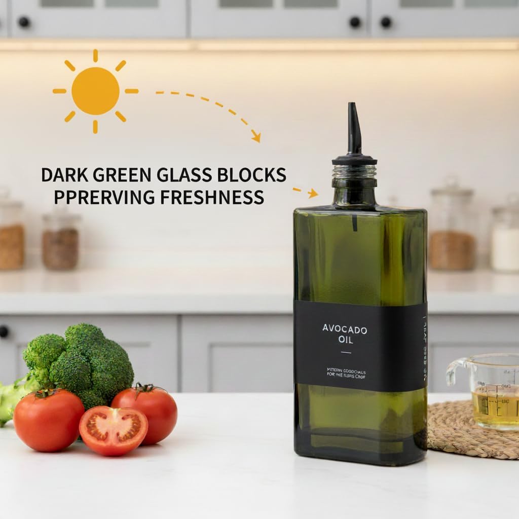 2-in-1 Oil Dispenser & Sprayer 2-Pack, Dark Glass Olive Oil Bottle with Stainless Steel Pourer, Oil Container, Oil & Vinegar Set, Light-Blocking Kitchen Countertop Accessory (Green)