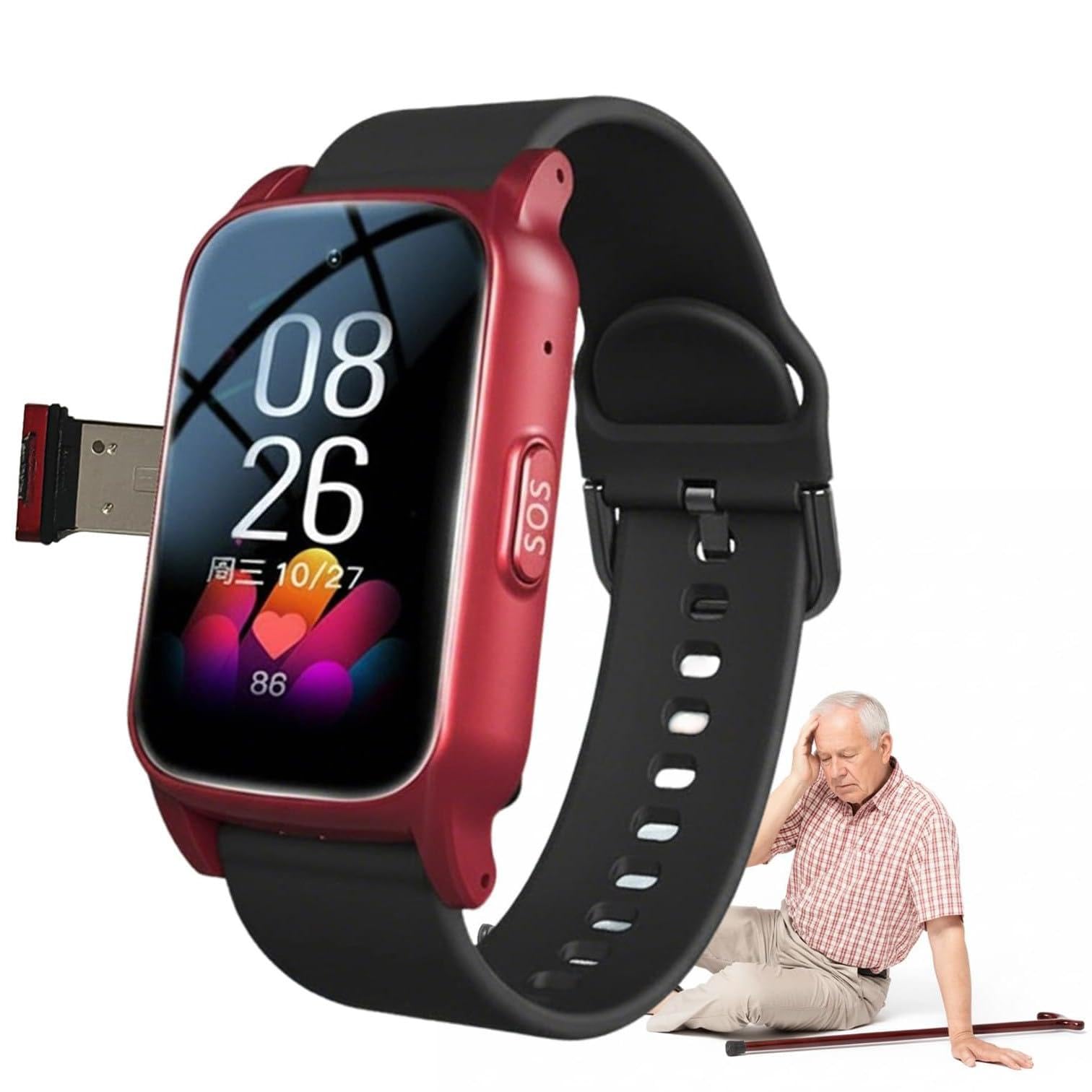 ZHZWwansuGE Fall Detection Smartwatch for Elderly, Fall Alarm for Elderly, GPS Tracker,SOS Emergency Call,Health Monitoring, Multiple Languages, 1.47'' HD Screen Smart Watch, for Elderly Red