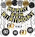 Famoby Black & Gold Glittery Happy 60th Birthday Banner,Poms,Sparkling 60 Hanging Swirls Kit for 60th Birthday Party 60th Anniversary Decorations Supplies