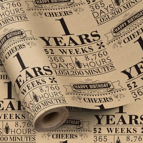 RUSPEPA Kraft Birthday Wrapping Paper Roll, Mini Roll, Black Cheers 1 Year Design with Weeks, Days, Hours, Minutes Print, Vintage Gift Wrap for 1st Birthday Party, Baby Shower, 17 Inches x 16.4 Feet