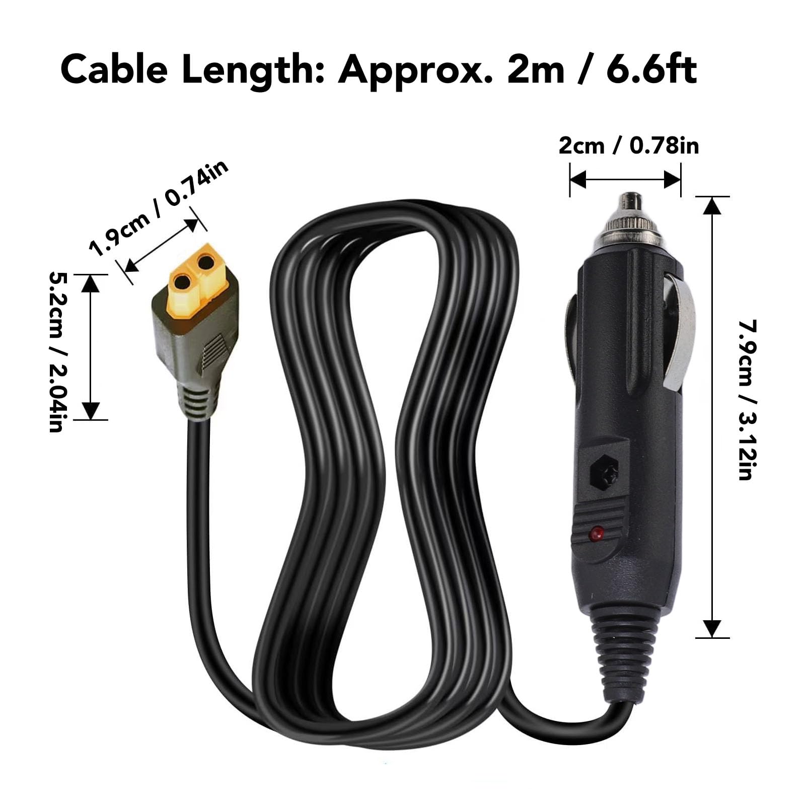 Eujgoov Câble Allume-cigare Mâle vers XT60 Femelle, Rallonge de 6,6 Pieds avec Fil 18awg pour Appareils RC Extérieurs