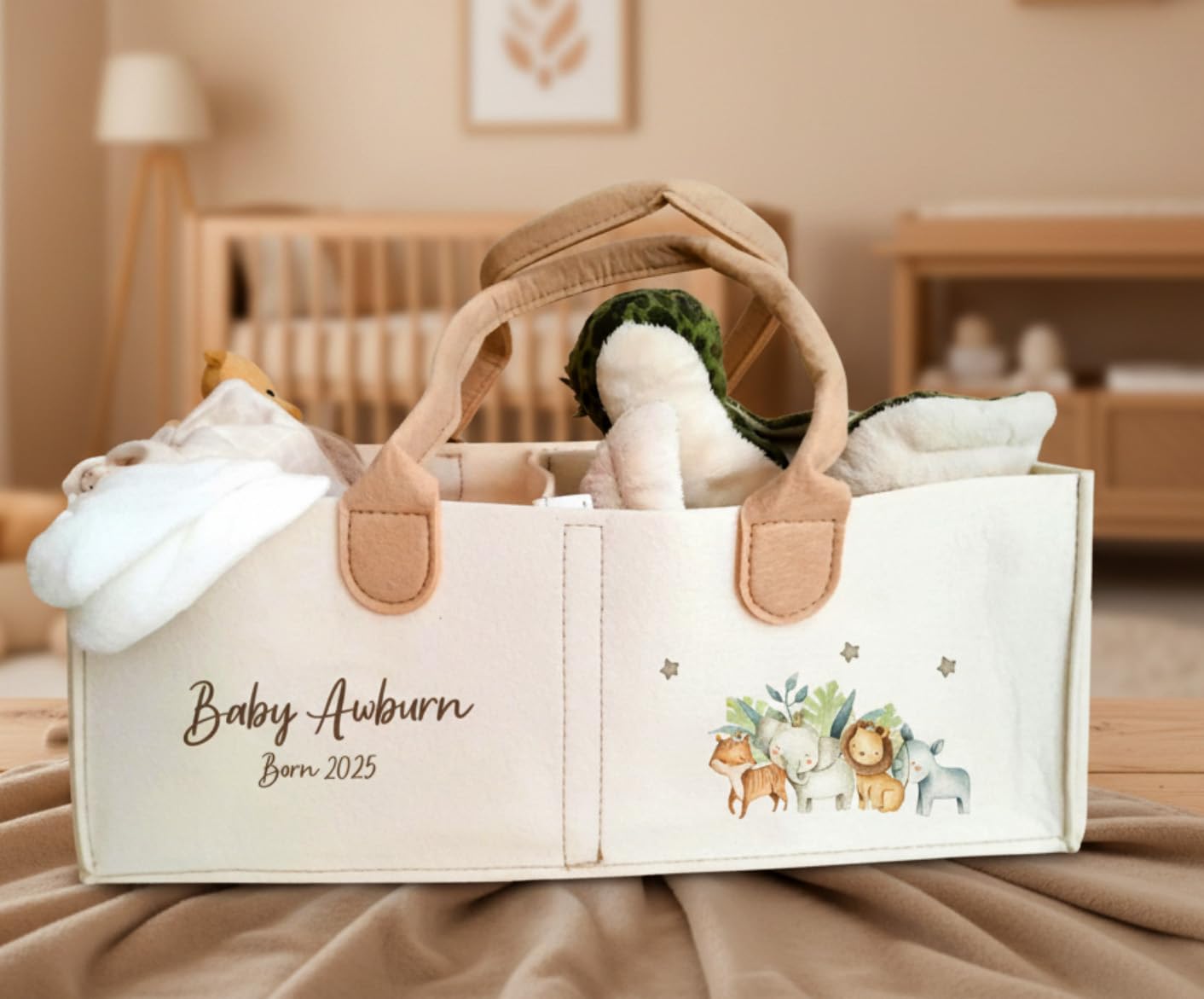 Personalised Jungle Nappy Caddy for Baby Nursery | Custom Name Beige Felt Diaper Organiser with Safari Animals | Portable Shower Gift for Newborn Essentials Storage