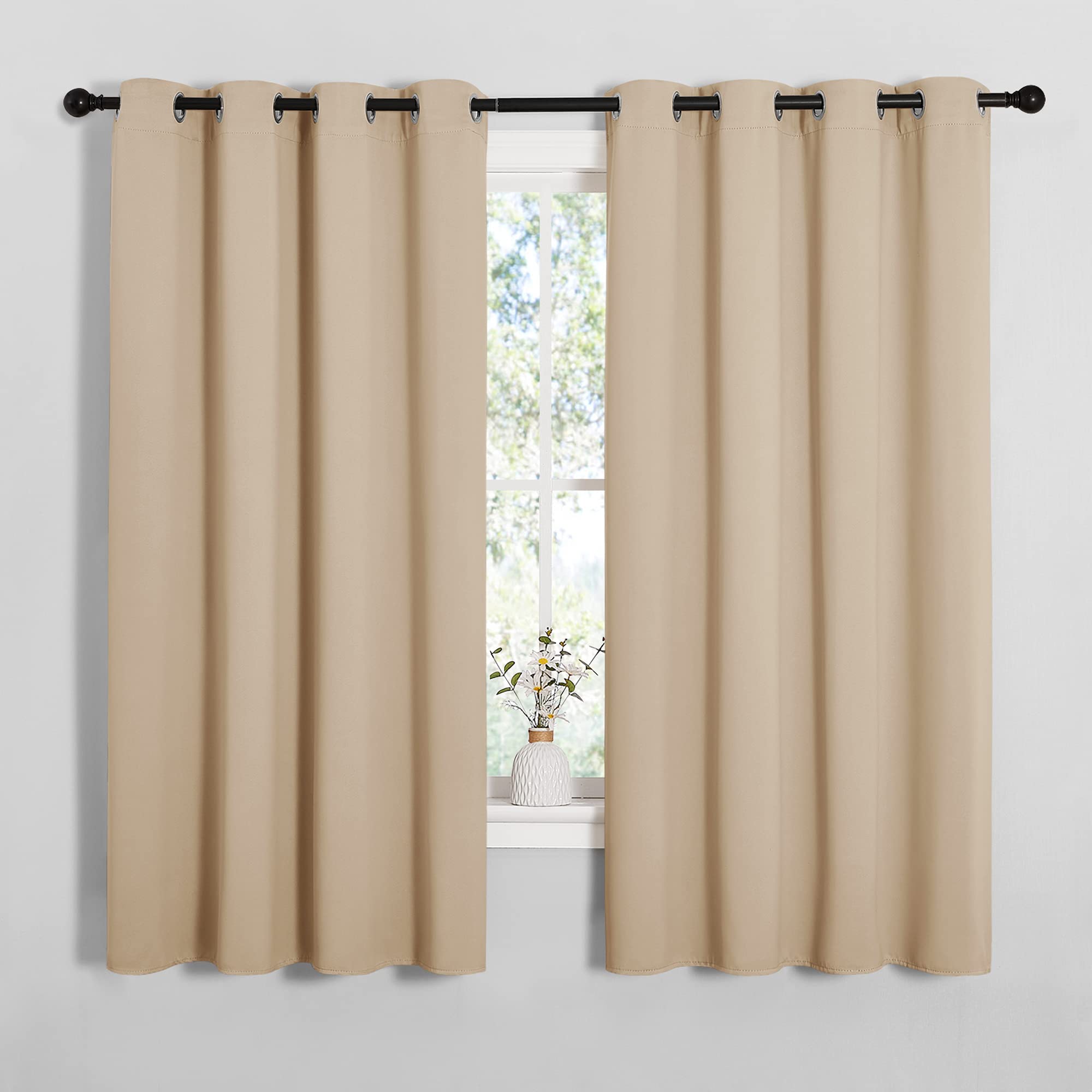 NICETOWN Blackout Curtain Panels for Bedroom, Biscotti Beige, 2 Panels, W55 x L57-inch, Grey, Thermal Insulated Grommet Top Blackout Draperies and Drapes for Basement