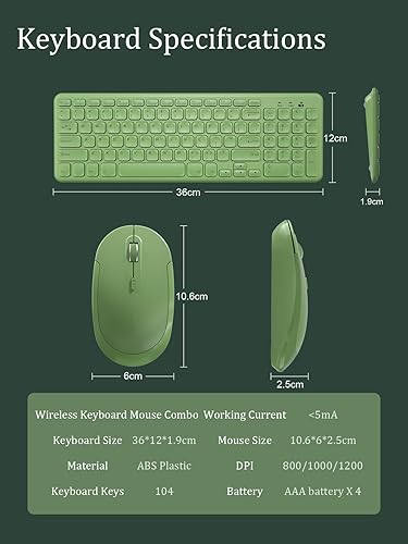 Miniatura 6 de Arcwares Combo de teclado y mouse inalámbricos, lindo teclado verde dulce, teclado silencioso ergonómico USB de 2.4 G para computadora, laptop,
