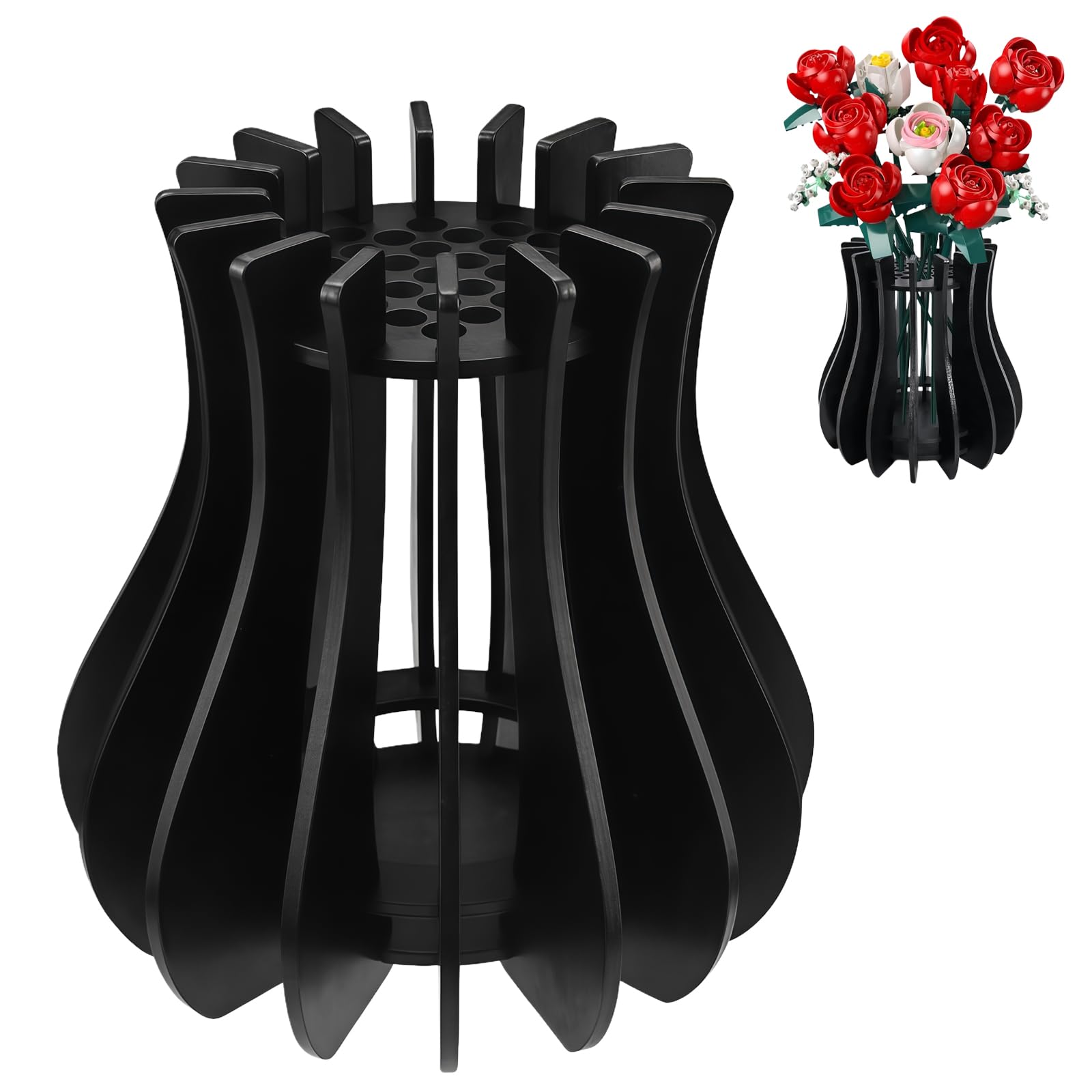 Qiansse Black Creative Wooden Puzzle Vase For Lego Flowers Bouquet, Display Vase For Building Bricks Roses Cherry Blossoms Sunflowers Daffodils Unique Gift For Flower Lovers