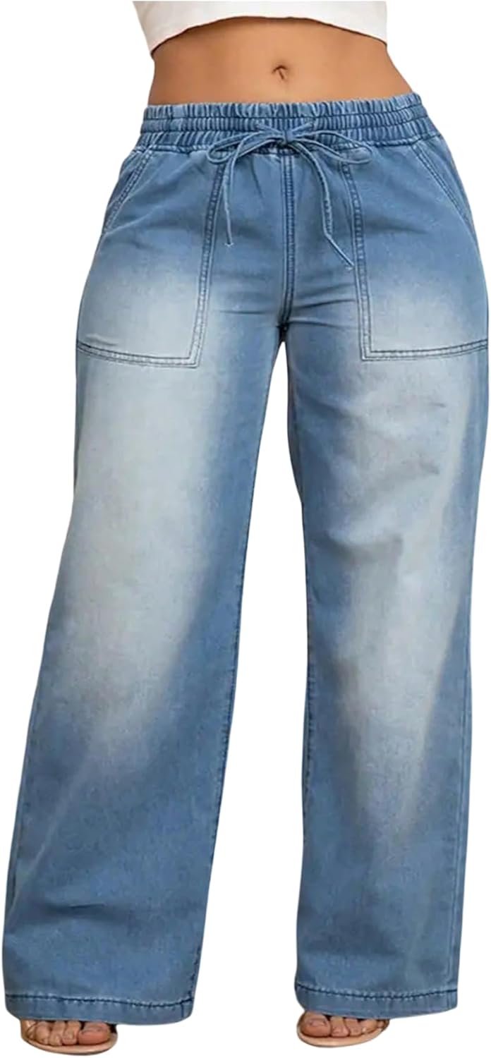 WDIRARA Women's Plus Size Drawstring Waist Jeans Wide Leg Baggy Denim Pants