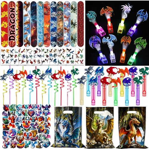 194PCS Dragon Party Favors Set with Gift Bags Wands Straws & Stickers