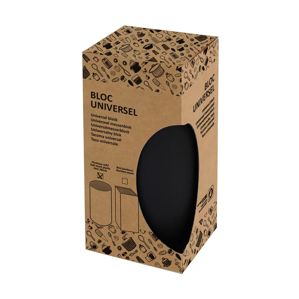 SABATIER TROMPETTE - Bloc tiges spaghetti rond avec 4 couteaux de cuisine : Utile, Office, Chef, Santoku - Asean - Acier 5Cr15MoV finition satinée manche tout inox - H 22 x D 11 cm - Inox