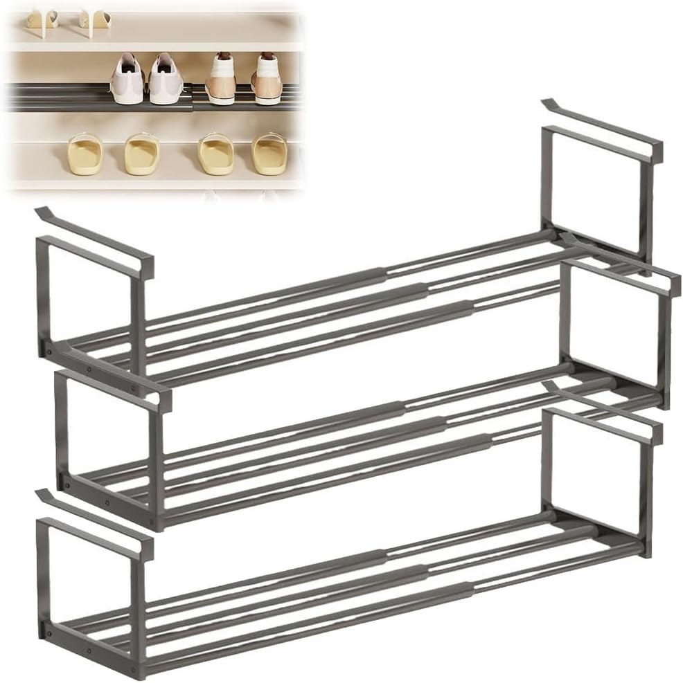 Cabinet Telescopic Shelf Shoes, Expandable Shoe Rack Organizer, Adjustable Shoe Rack & Under Cabinet Shelf, Multifunctional Telescopic for Shoe Clothing Storage,Black,2pcs