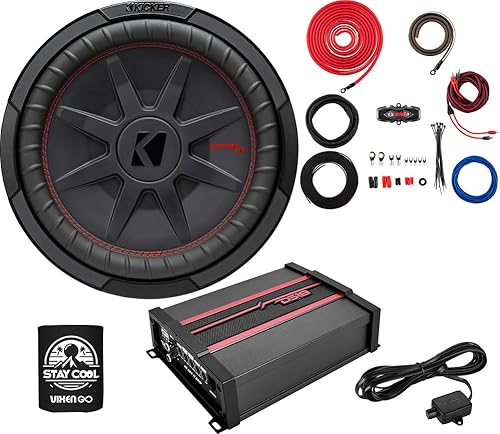 KICKER Subwoofer y amplificador Paquete de 3 artículos: 12 pulgadas CompRT 1000 W Max Sub, amplificador monobloque DS18 Clase D y kit completo de