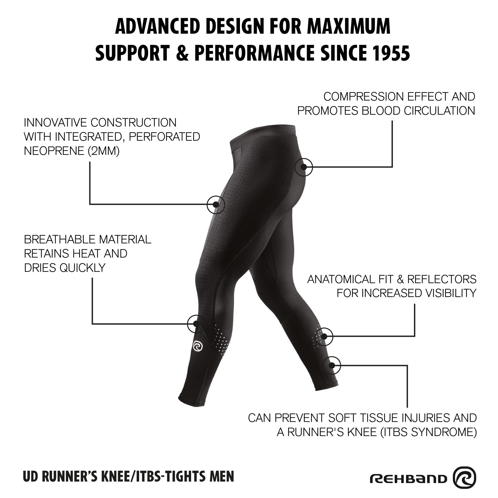 Rehband UD Runner's Knee/Thermal Zone Tights para Hombre - Mallas de compresión con Zonas térmicas para Running y Atletismo, favorecen la recuperación y ofrecen Gran Comodidad