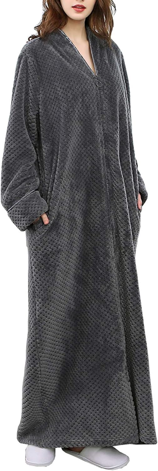 Ladies' Zip Fleece Waffle Long Dressing Gown Fluffy Towelling Bathrobe Sleepwear