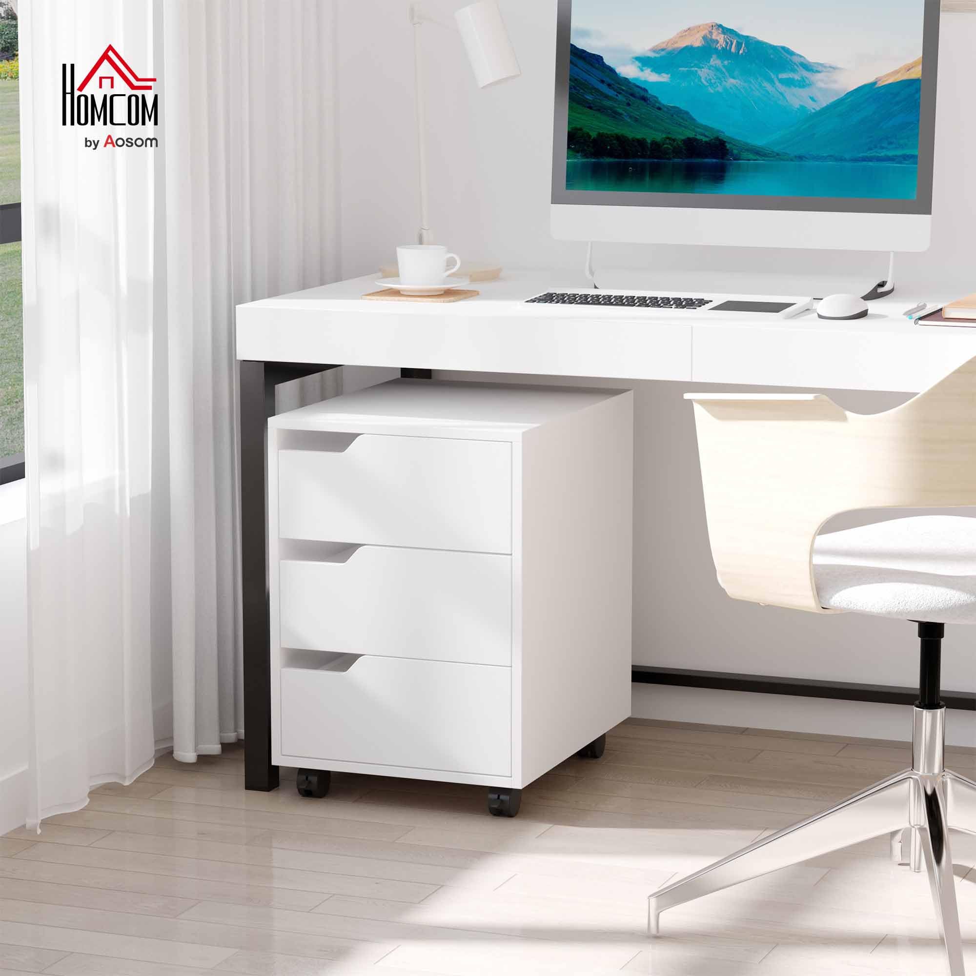 HOMCOM Cajonera de Oficina con Ruedas Mueble Archivador con 3 Cajones Cajonera para Escritorio Estudio 40x50x57,5 cm Blanco