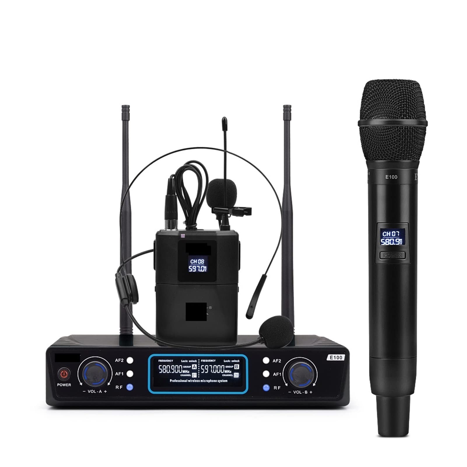 Miscelatore Musicale, Dual Way Transmitter UHF Wireless Microphone with Handheld + Bodypack + Lapel + Headset Mic for Karaoke Church Youtube Mixer di Suoni per Lo Streaming