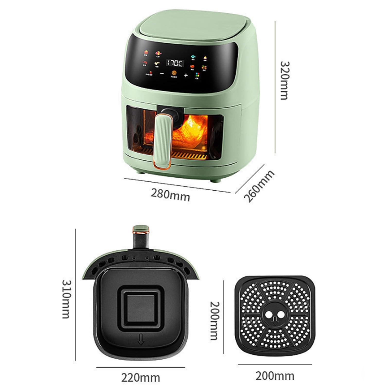 Friggitrice Ad Aria con Oblò - capacità 8 Litri, Funzionamento One-Touch, Lavabile in Lavastoviglie, Cottura Ad Aria Calda Senza Olio, Friggitrice Multifunzione per Pasti（Green）