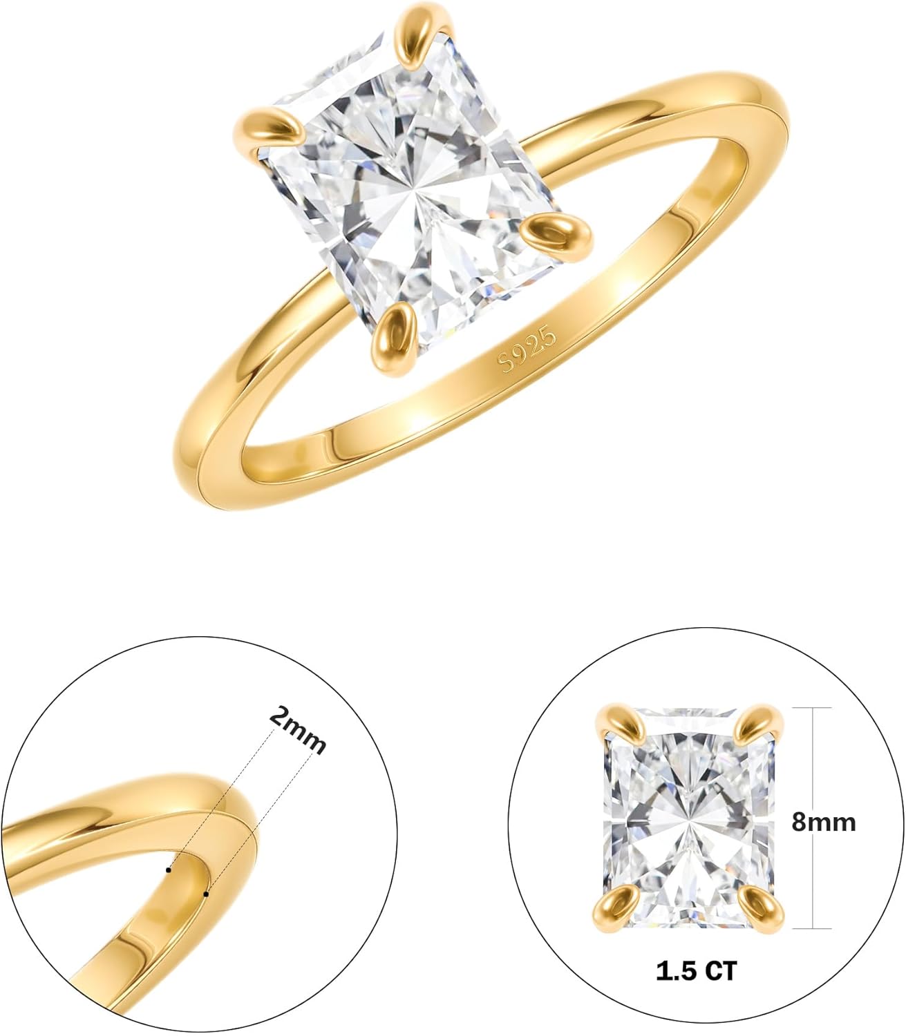 Sterling Silver Engagement Ring, 1.5CT Radiant Cut CZ, Gold Plated, Size 5-9 Gift for Wife for her, Cubic Zirconia, Cubic Zirconia - Image 3