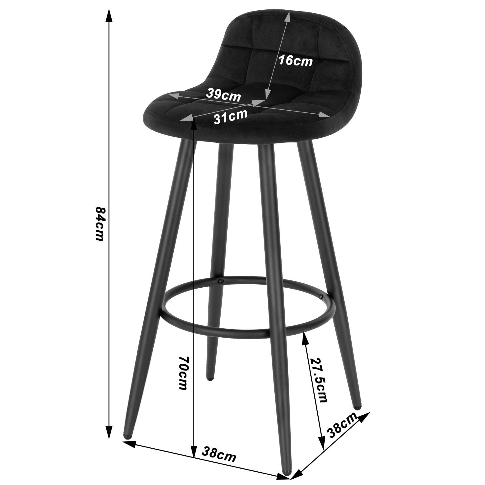 WOLTU Juego de 2 Taburetes Altos de Cocina con Respaldo y Reposapiés, Asiento Tapizado en Terciopelo, Patas Metálicas, Altura de Asiento 70 cm, Negro