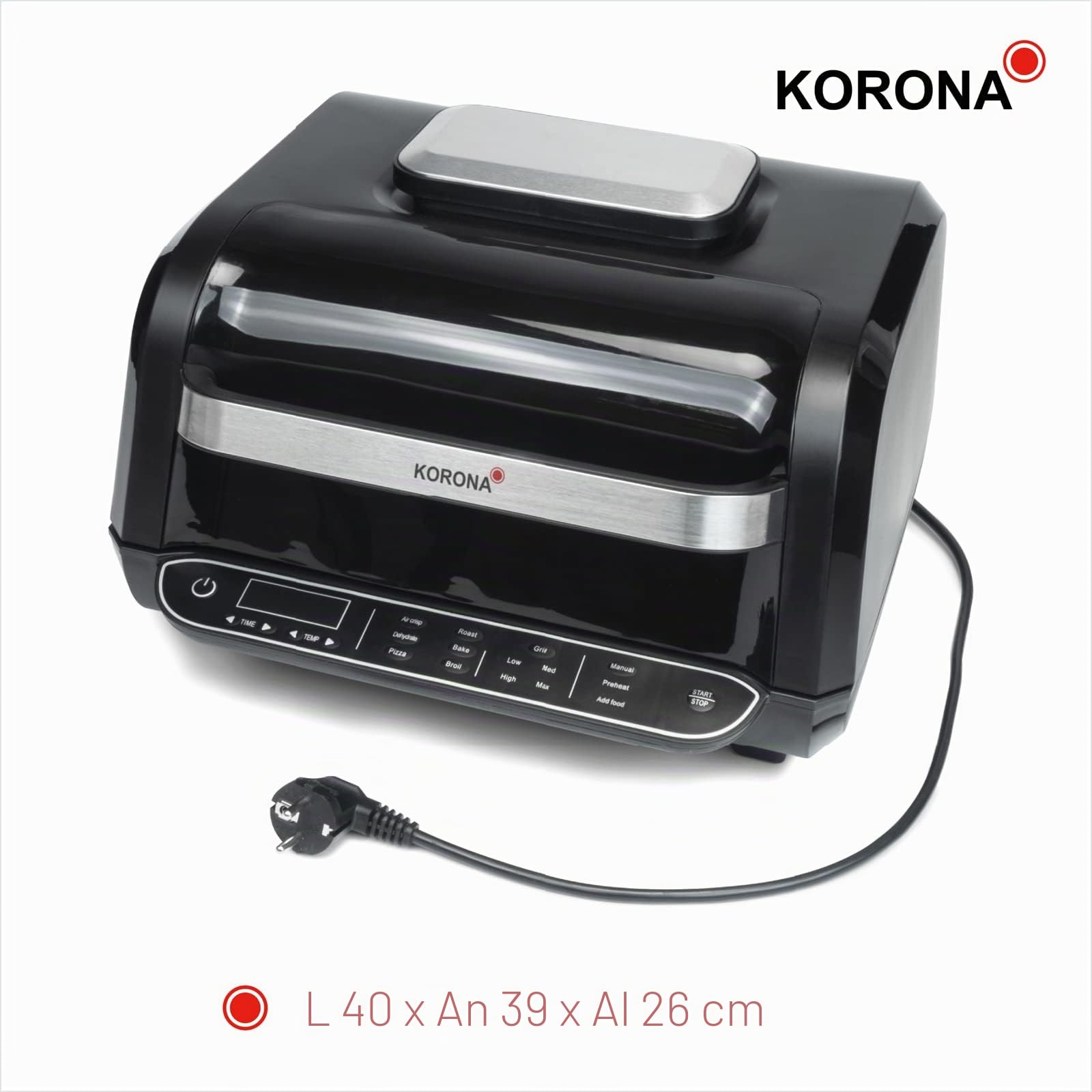 Korona 46160 Barbacoa y freidora de aire caliente | 6 litros | 8 funciones – Freidora de aire caliente, horno, horno de pizza, deshidratador, función asado, barbacoa, 4 niveles de cocción, rejilla