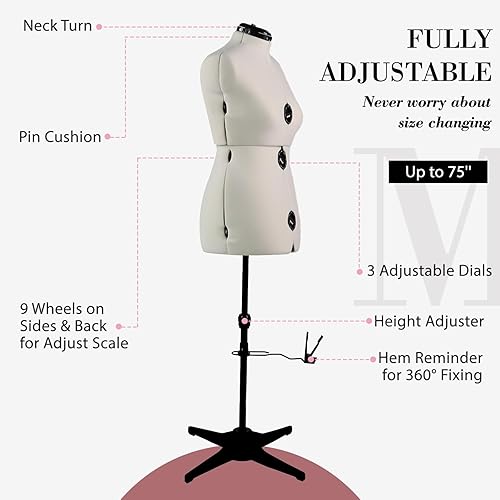 Miniatura 7 de MNOXBCCO Formas de vestido para costura, maniquí femenino beige ajustable talla 12-18, cuerpo de modelo que se puede alfiletear con 13 diales y guía