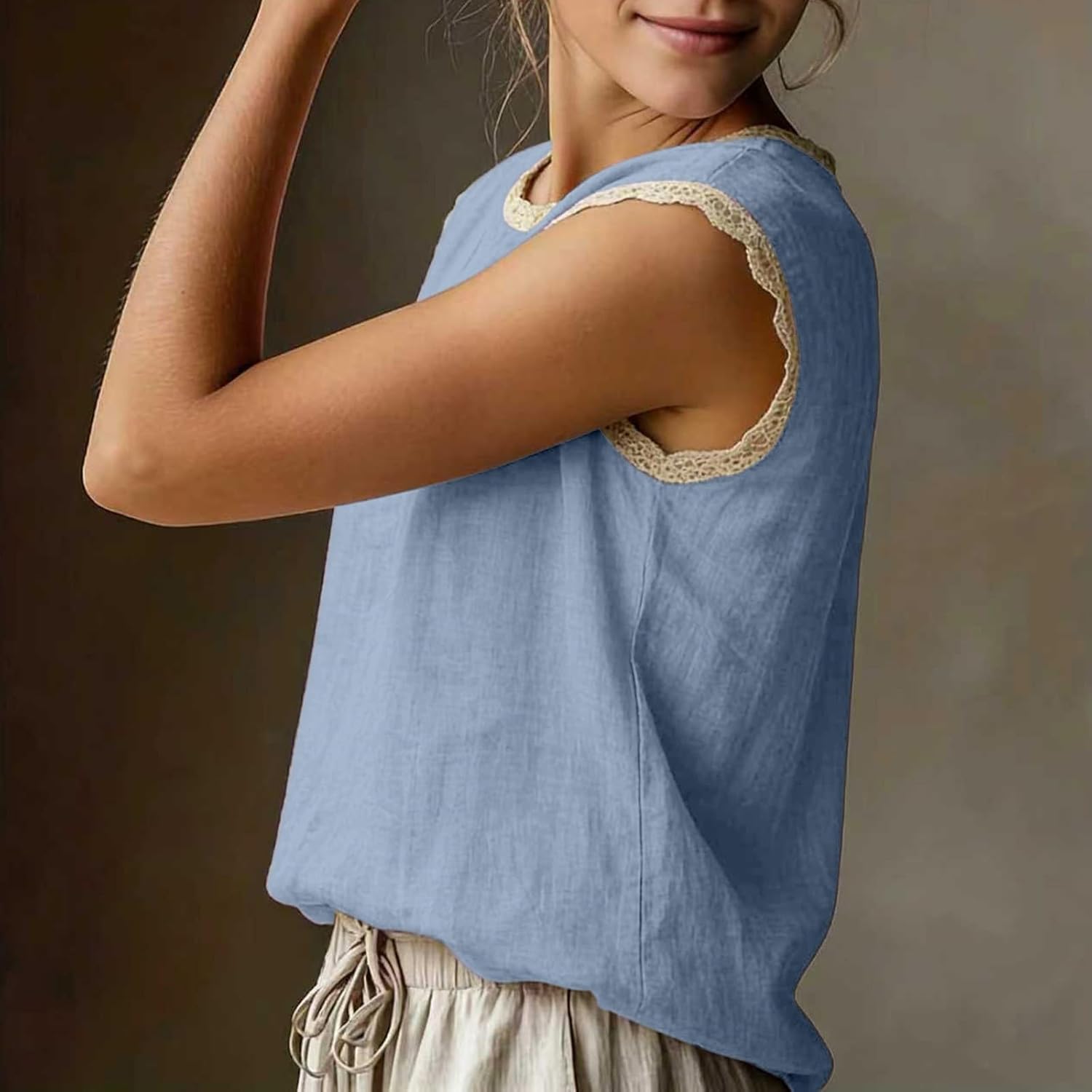 Cotton Linen Tops for Women Summer Casual Cap Sleeve Crew Neck Lace Trim Shirts Solid Color Loose Fit Gauze Blouses