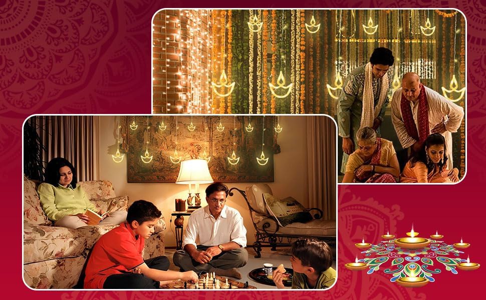 Image of HashWOW 3 Meter 12 Diyas Curtain Led Festive Lights, Warm White Diya /Diwali Light Curtain Indoor Window String Lights, Decoration for Wedding, New Year & Home, 6 Large &6 Small Diyas, Pack of 1
