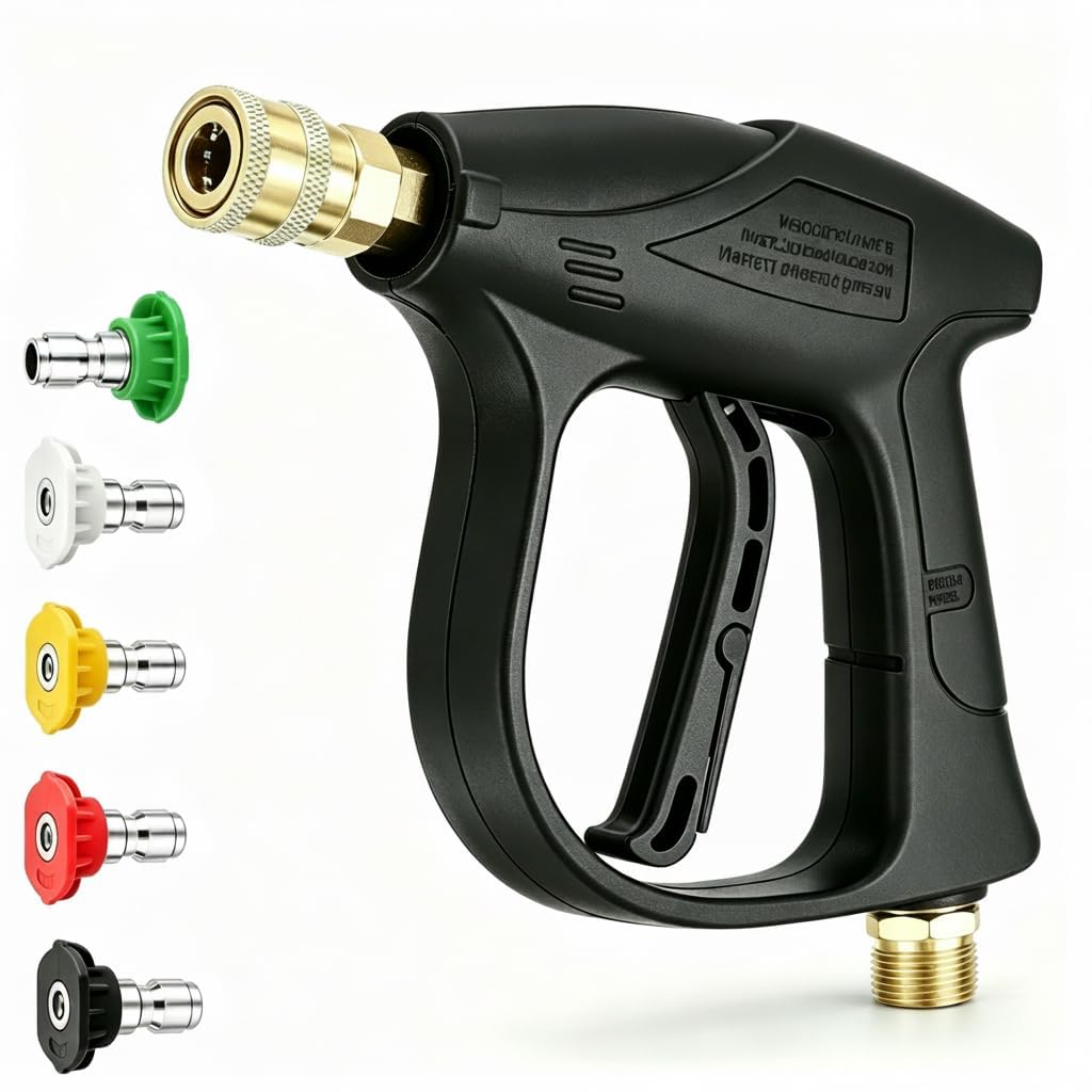 High Pressure Washer Gun Short Jet Wash Gun 4350 PSI, Power Washer Gun with M22 14mm Hose Connector & 1/4" Quick Connect Adapter, Pressure Washer Spray Gun with 5 Nozzle Tips for Car Patio Cleaning