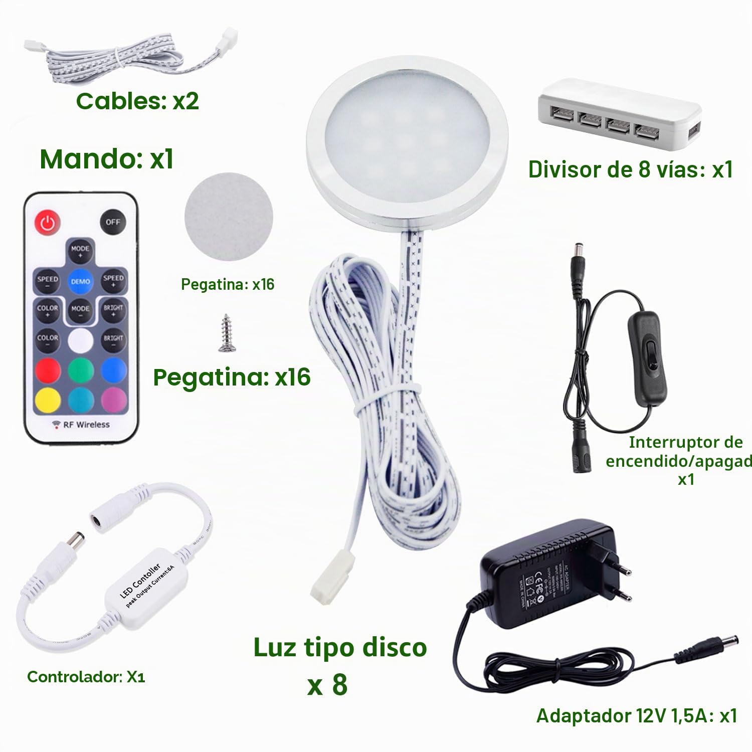 AIBOO Cocina LED RGB debajo de la lámpara del gabinete con control remoto inalámbrico RF, Iluminación empotrada ultradelgada redonda para armario, Luces LED RGB para escaparate 12V 16W(Paquete de 8)