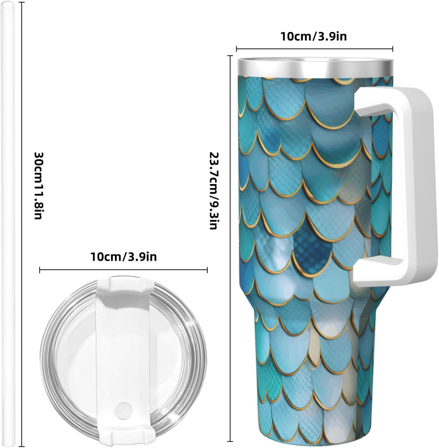 40 OZ Mermaid Scale Print Ice Bully Cup with Handle Straw Lid Straw,Stainless Steel Tumbler Coffee Cup