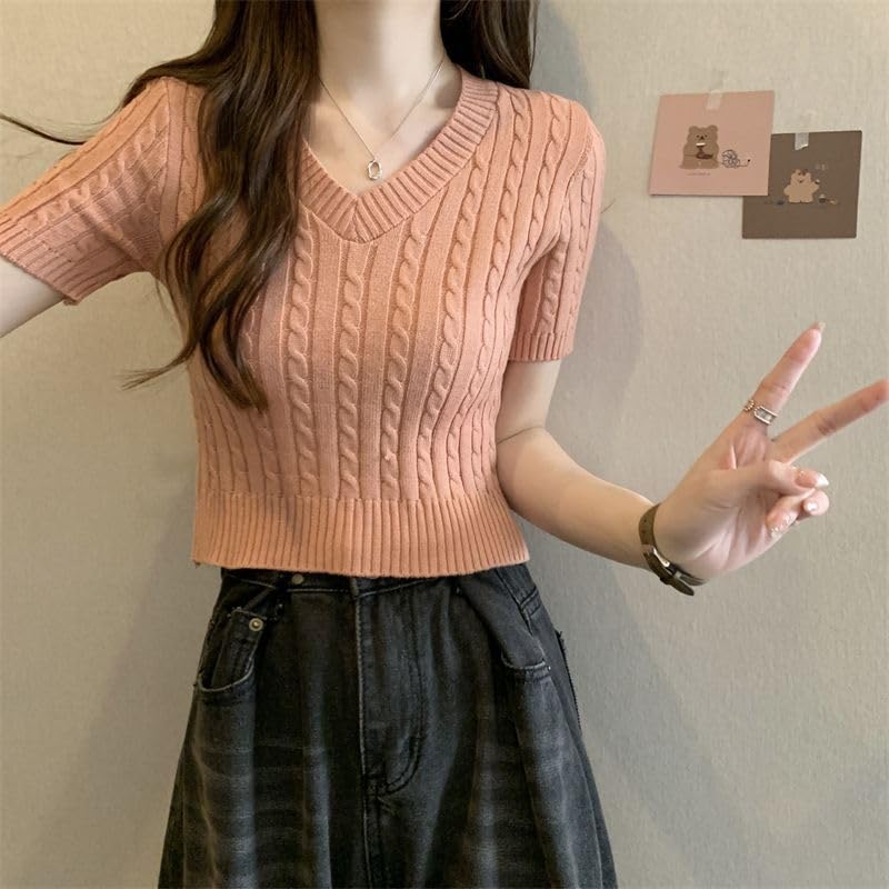 Image of ICW Women's Acrylic Knitted Ribbed Half Sleeve V-Neck Self Design Crop Top T-Shirt 128
