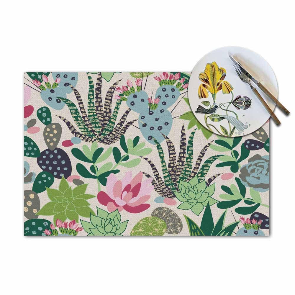 Walmsco Placemats Pink Succulent Green Cactus Plant Decor For Dining Room Kitchen Table,Waterproof Non-Slip Washable Heat Resistant Placemats,Set of 4,12"x18" - Image 3