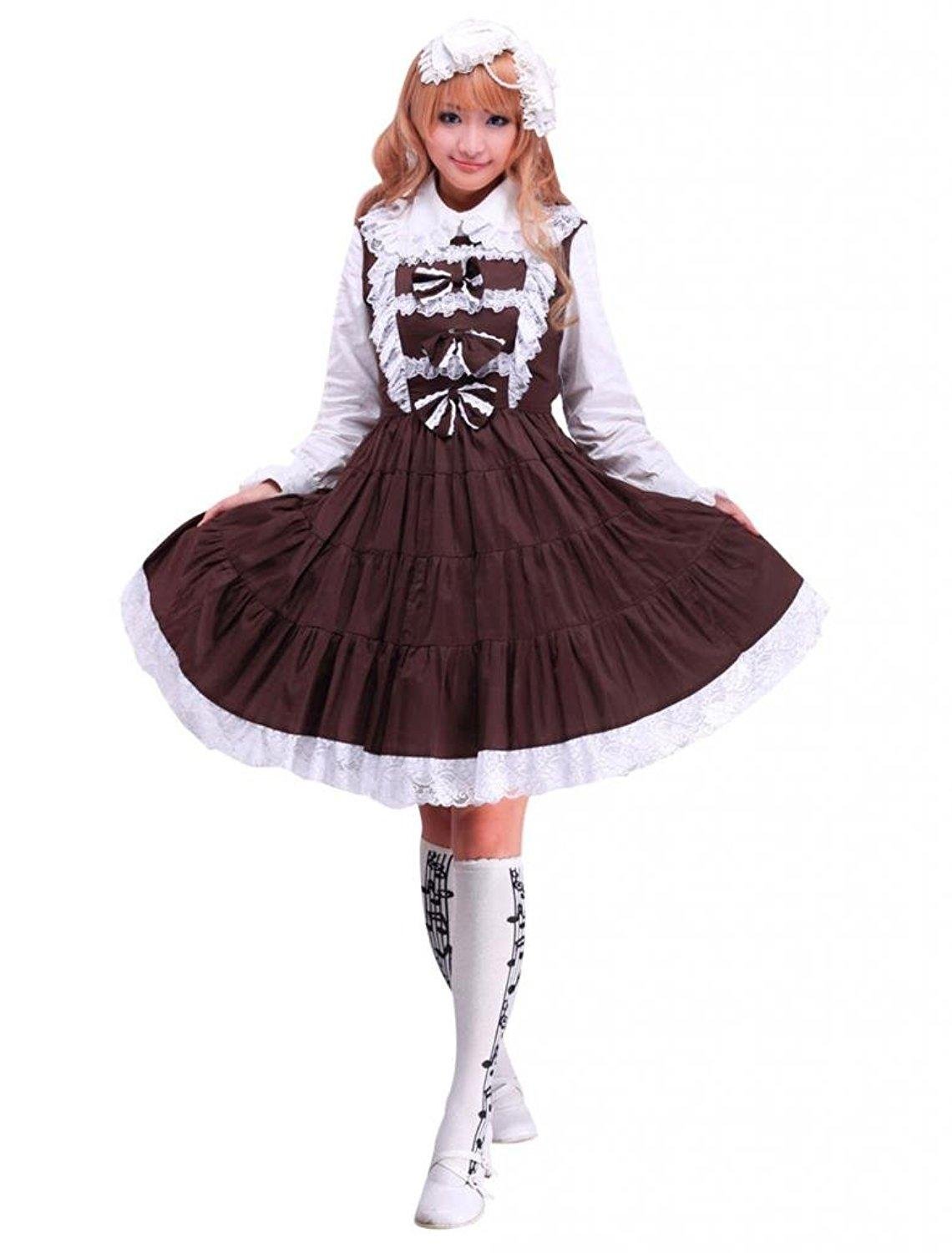 AincluWomens Cotton Brown Sleeveless Classic Lolita Dress