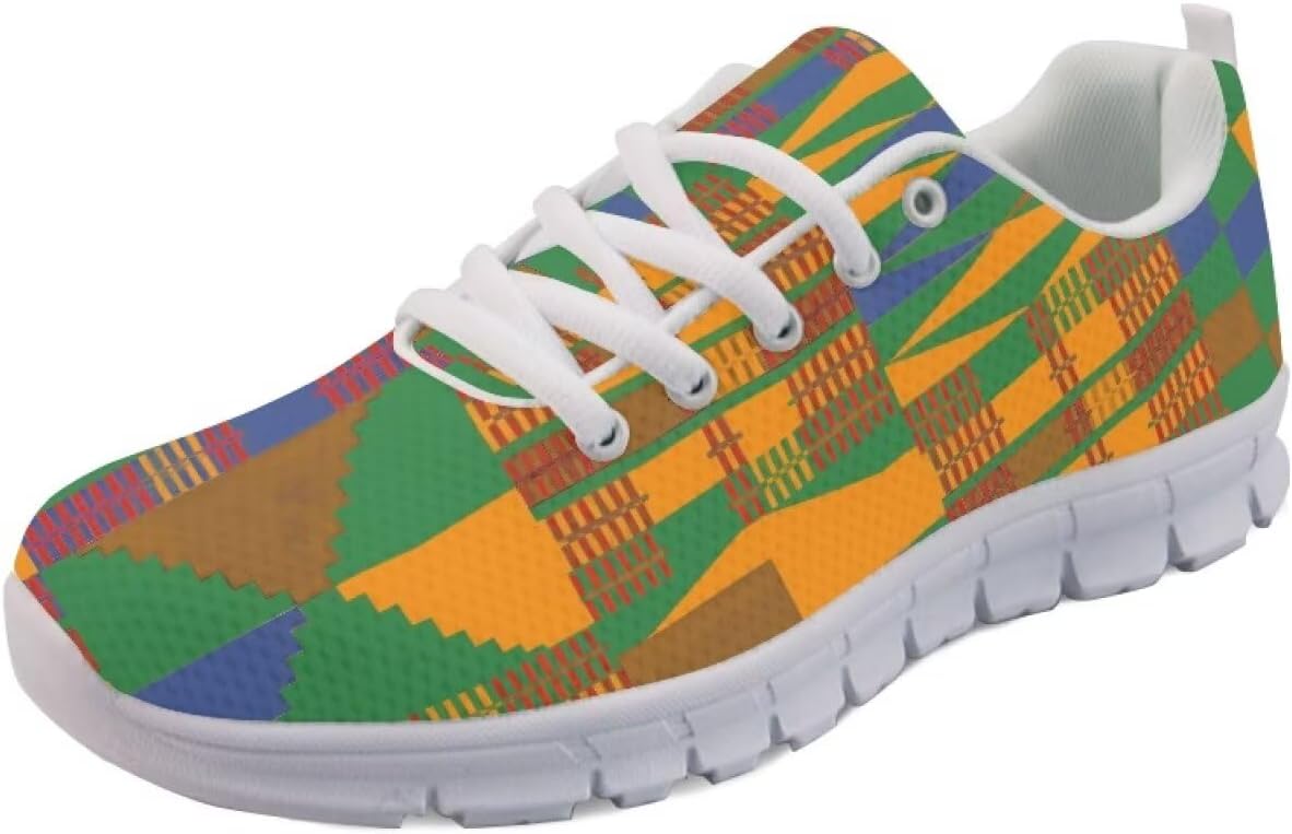 AmzPrint American Aztect Kente Ethnic Graphic Tribal Print White Sole African Shoes for Women Fashion Casual Sneaker