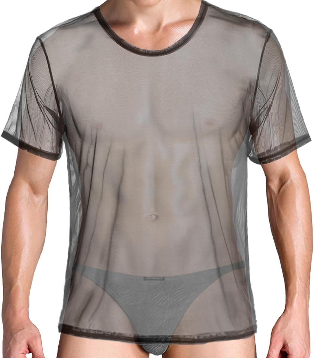 Men's See Through T-Shirts Sexy Mesh Shirt Sheer Short Sleeve Undershirt Breathable Top for Men