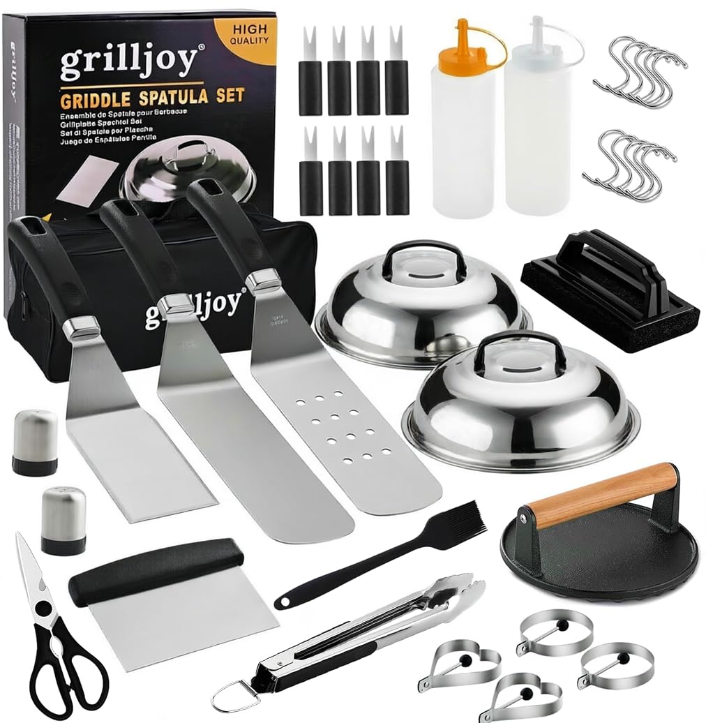 grilljoy Kit di 28 accessori per piastra con kit di pulizia per Teppanyaki Camping Cooking - Set completo di strumenti per la piastra in borsa per il trasporto - Coperchio per imbastire, pressa per